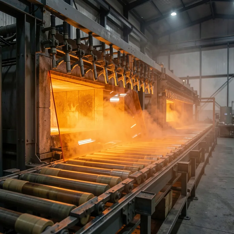 Ligne de trempe thermique dans un atelier de miroiterie, panneau de verre incandescent sortant du four à rouleaux