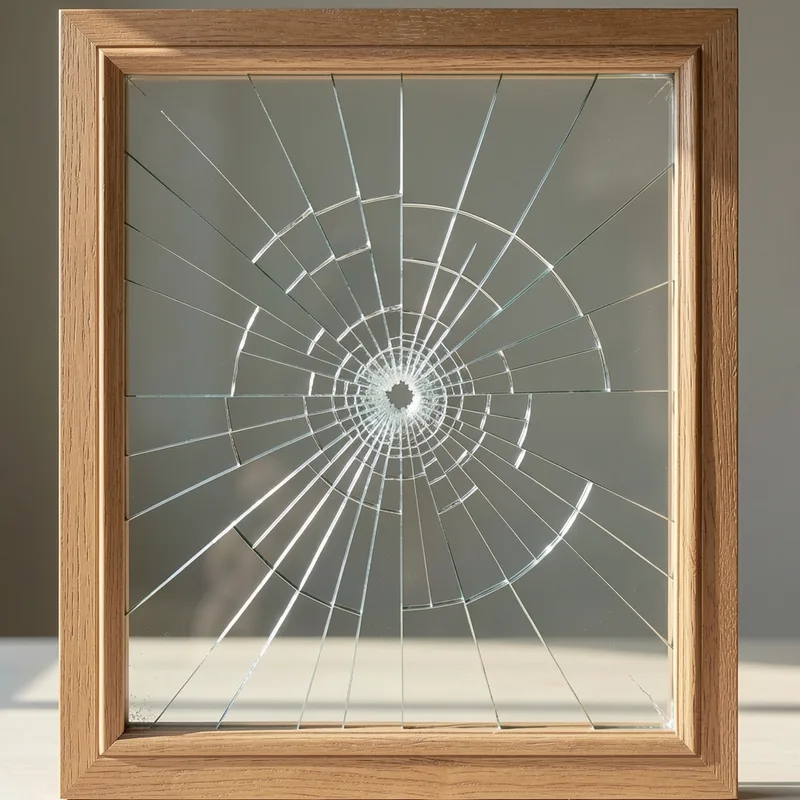 Panneau de verre feuilleté fissuré en toile d&rsquo;araignée dont les éclats restent retenus par le film intercalaire