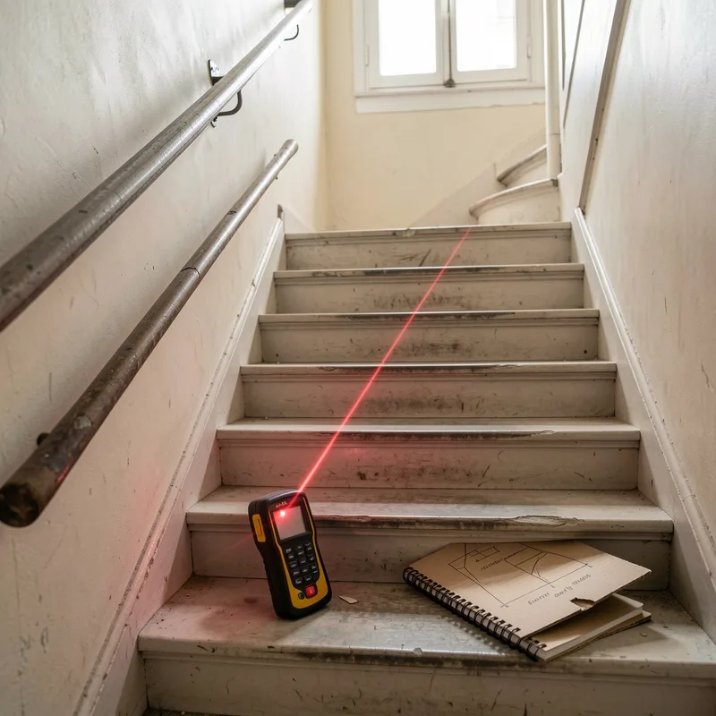 Miroitier relevant au laser les cotes d&rsquo;une trémie d&rsquo;escalier avant commande d&rsquo;un verre trempé feuilleté