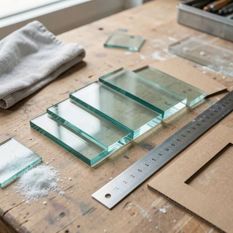 Échantillons de verre trempé et de verre feuilleté alignés sur un établi de miroiterie avec réglet et gabarit
