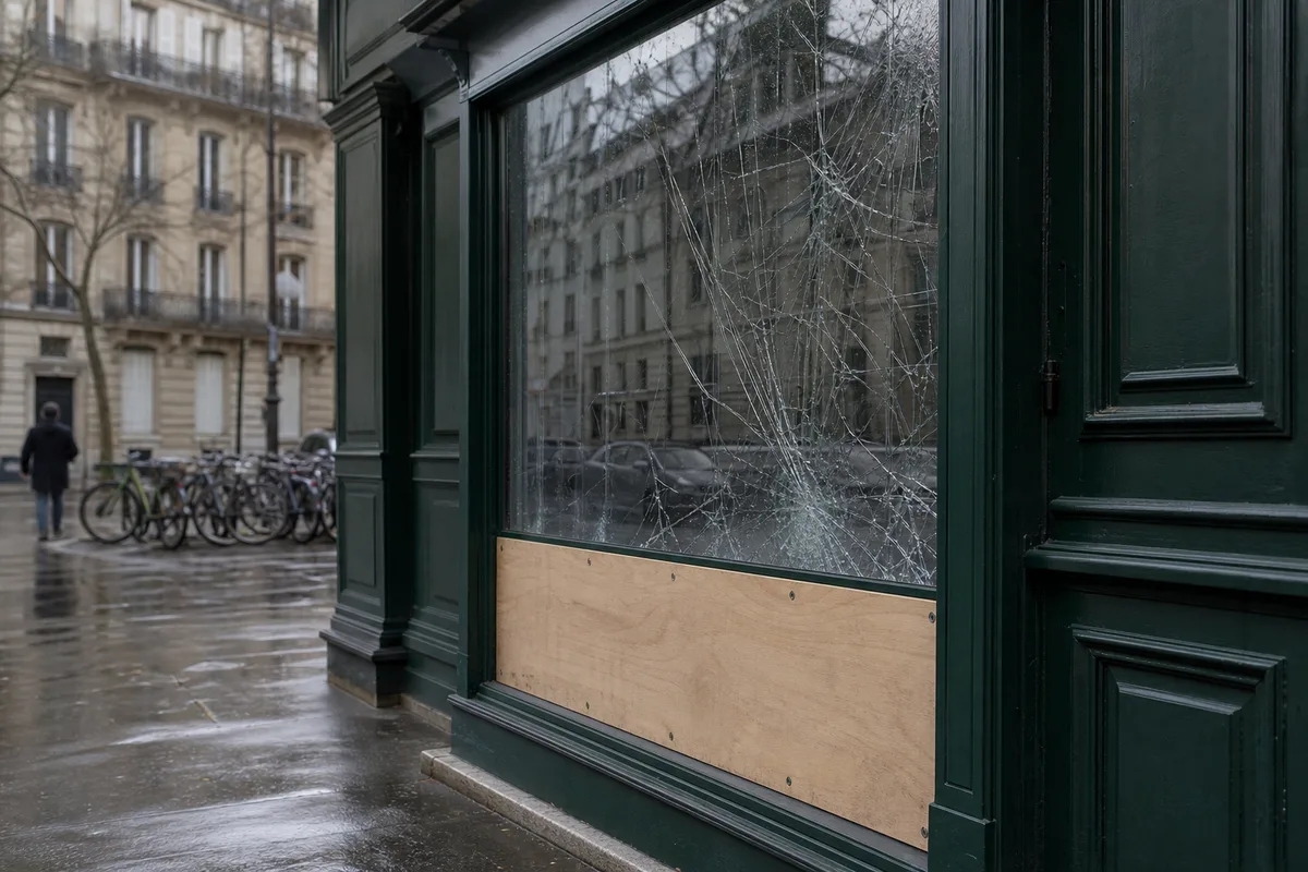 Vitrine de commerce parisienne au vitrage feuilleté brisé et sécurisé