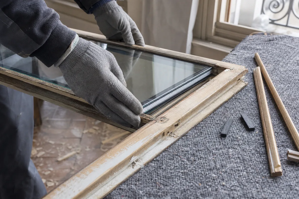 Fenêtre bois ancienne à petits bois recevant un vitrage isolant mince dans un appartement parisien