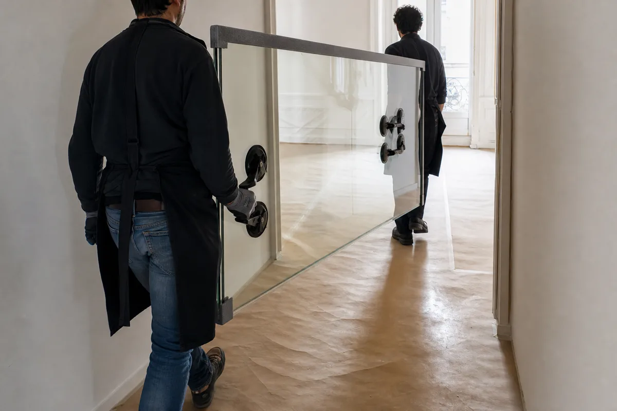Panneau de vitrage isolant protégé sur chant porté dans un couloir d&rsquo;appartement parisien en travaux