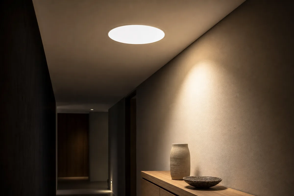 Conduit de lumière diffusant la clarté du jour au plafond d’un couloir sans fenêtre