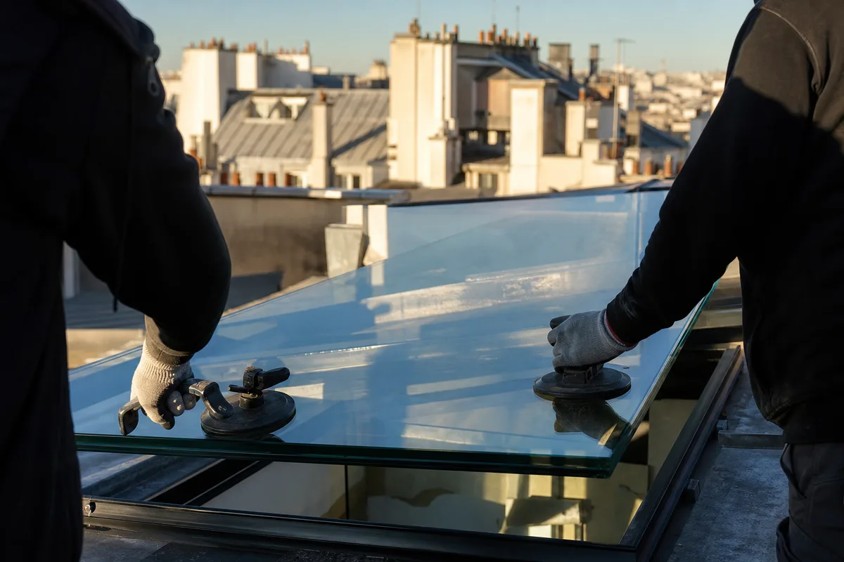 Pose d’un vitrage zénithal feuilleté manipulé à la ventouse sur une toiture parisienne