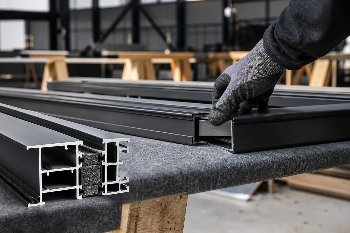 Profilés en aluminium laqué anthracite alignés sur un banc d’atelier de menuiserie parisien