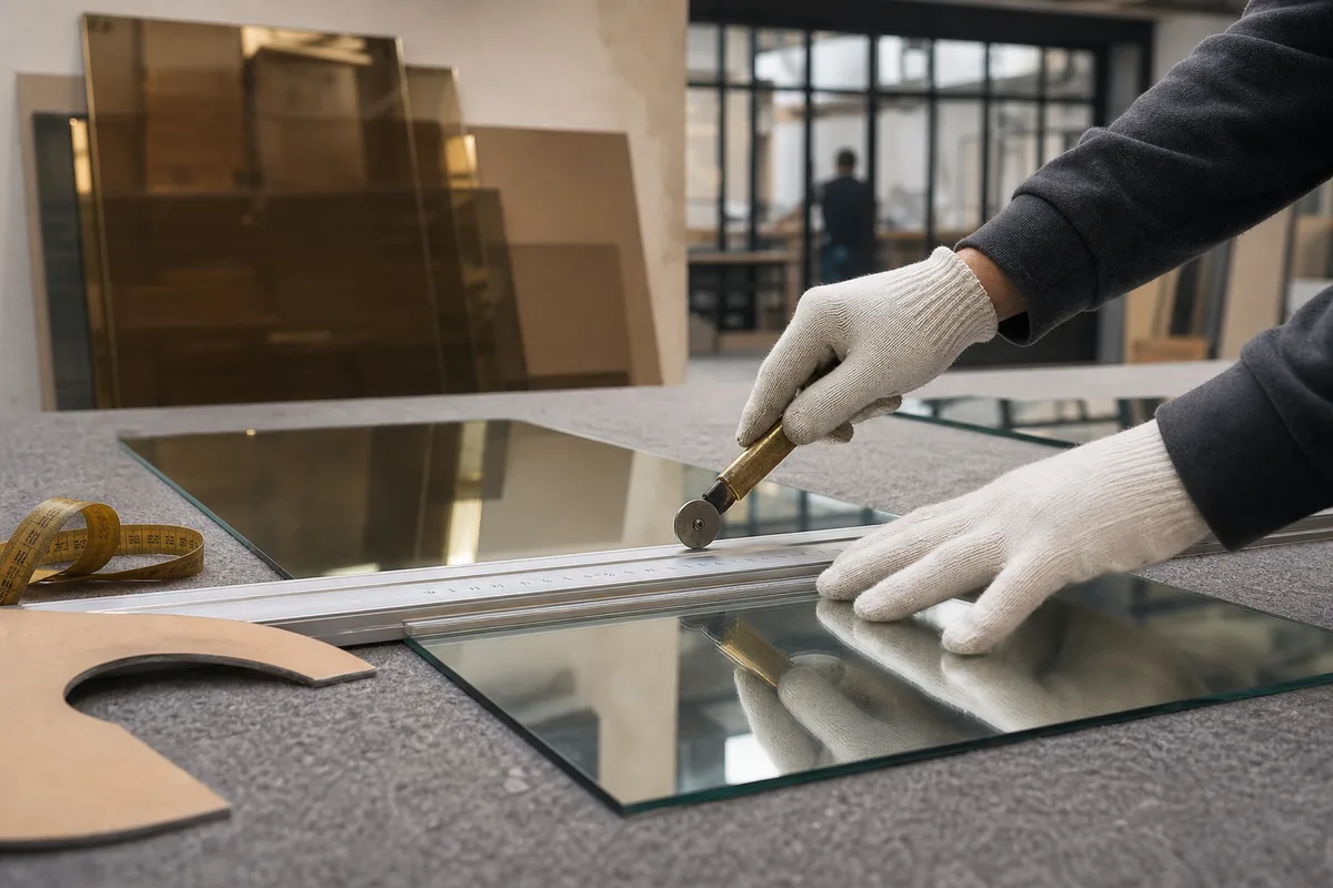 Découpe d&rsquo;un miroir sur mesure à la cote sur une table d&rsquo;atelier