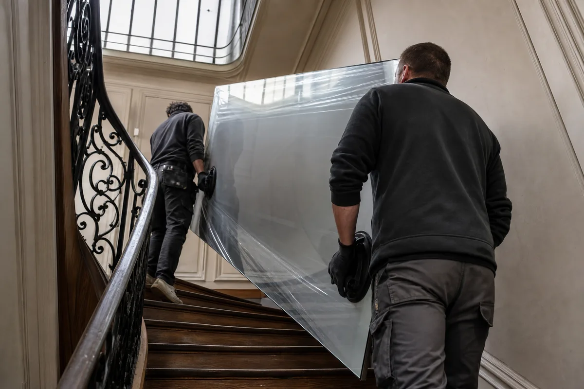 Panneau de miroir sur mesure porté à la ventouse dans un escalier haussmannien