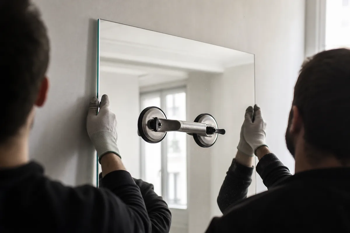 Panneau de miroir sur mesure manipulé à la ventouse avant fixation murale