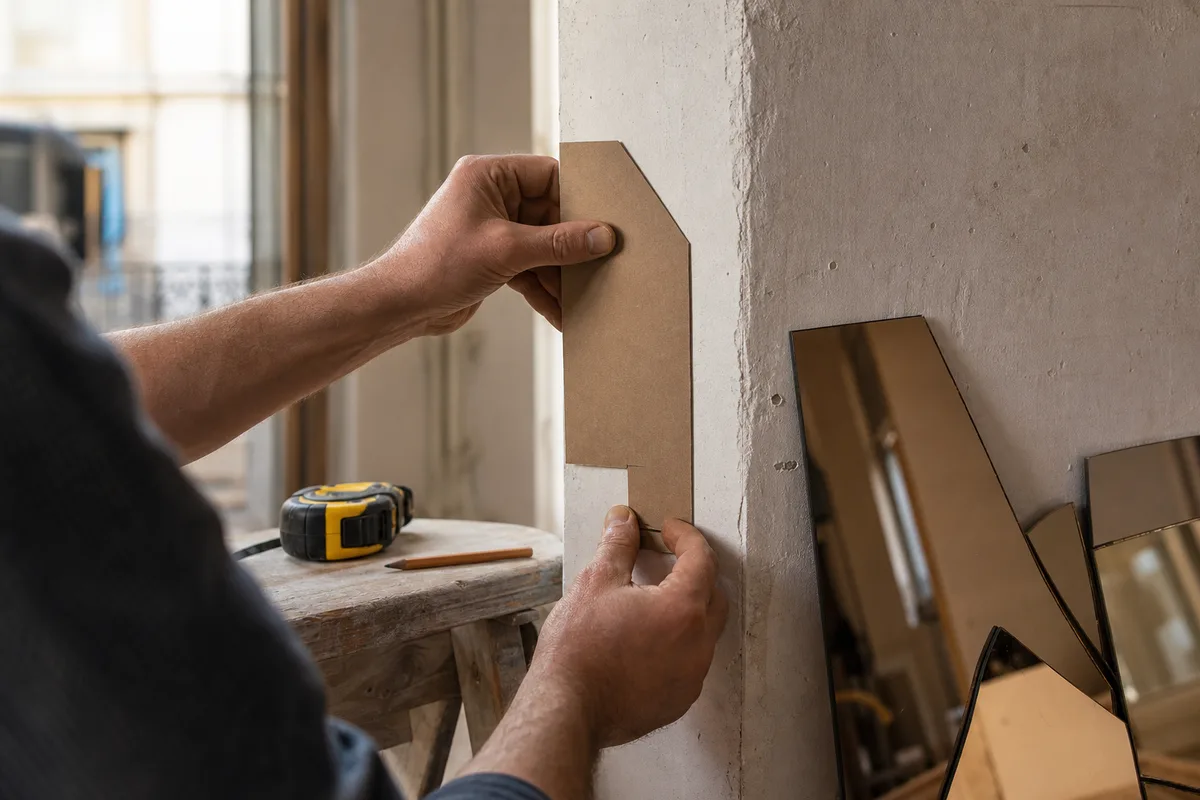 Miroitier relevant les cotes d’un mur d’angle avec un gabarit en carton
