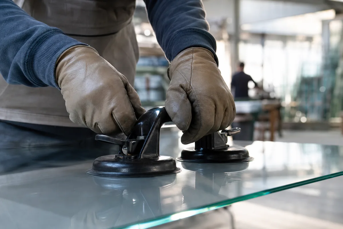 Mains gantées manipulant une grande plaque de verre à la ventouse dans un atelier de miroiterie lumineux