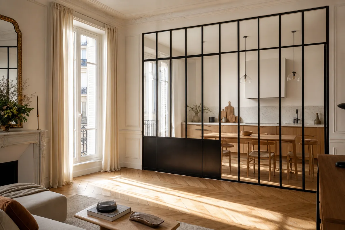 Verrière d&rsquo;atelier en acier noir séparant un séjour parisien, lumière rasante du matin sur le parquet