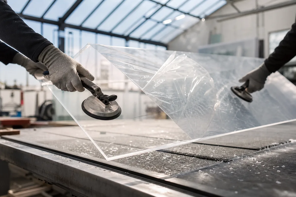 Mains gantées manipulant un panneau de plexiglas fraîchement découpé dans un atelier lumineux