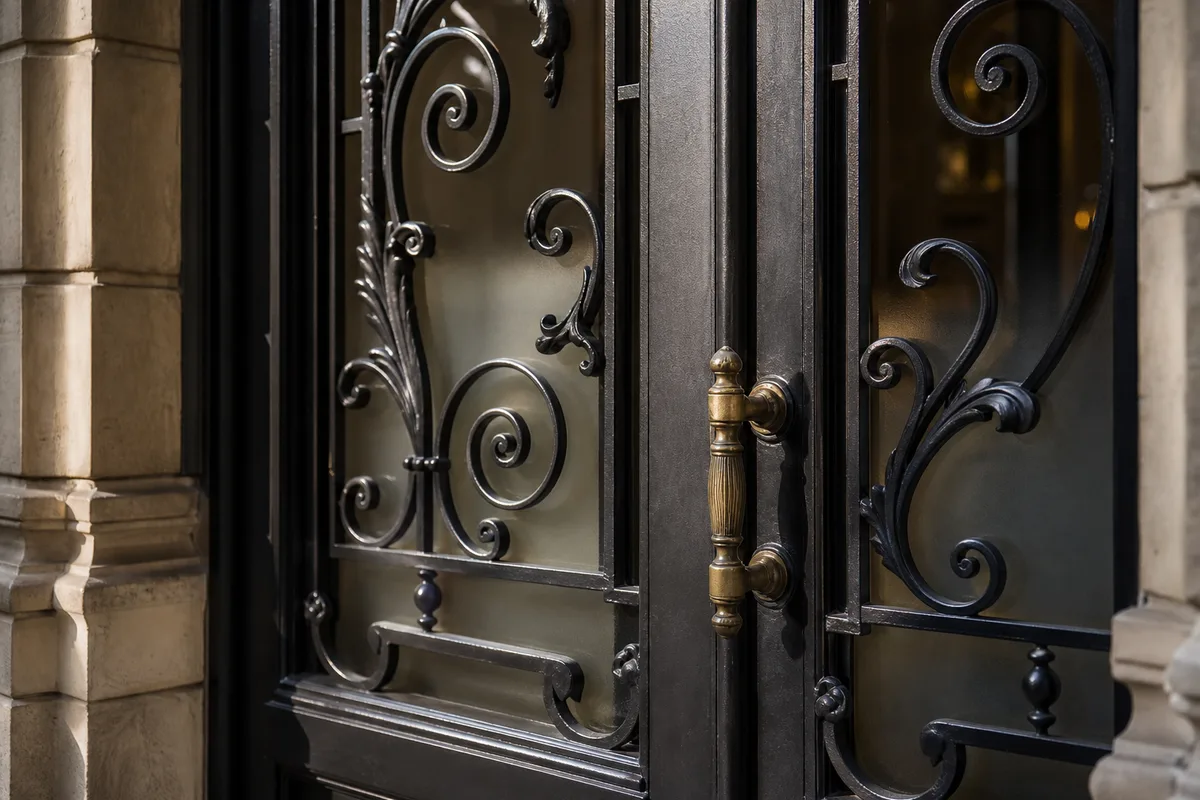 Porte d&rsquo;entrée d&rsquo;immeuble en fer forgé et verre feuilleté sur une façade haussmannienne parisienne