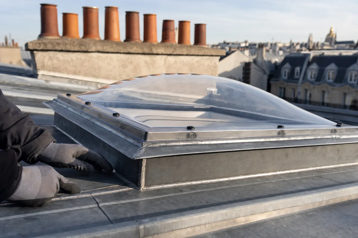 Dôme de captage posé sur une toiture en zinc parisienne sous une lumière rasante