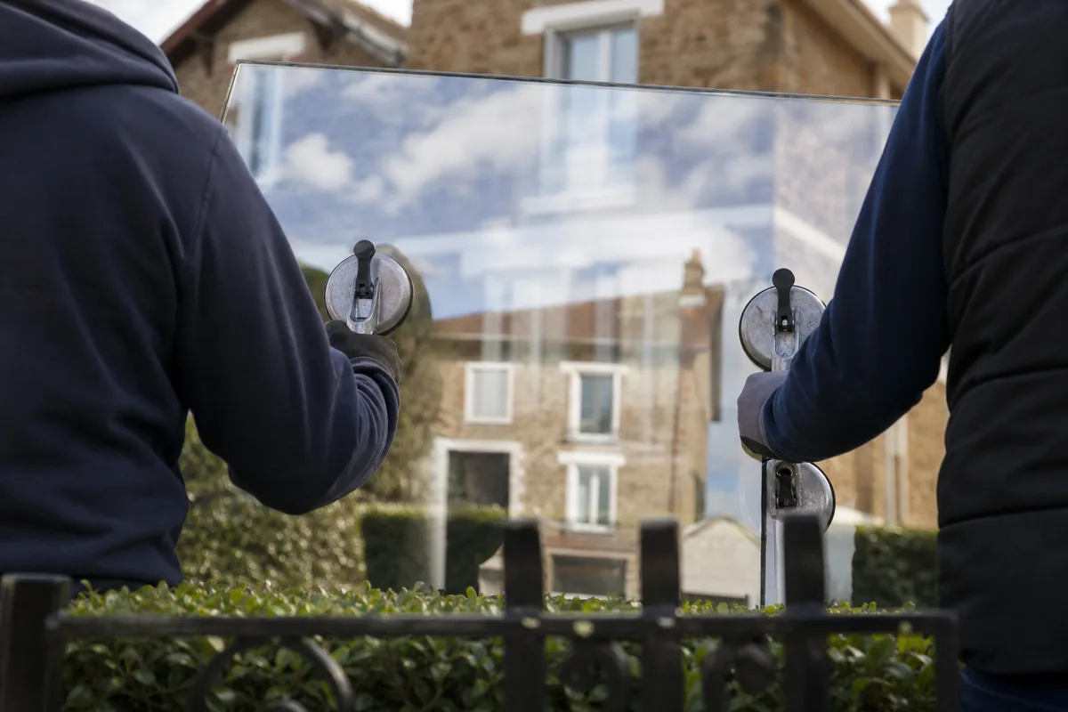 Vitrage sur mesure manipulé à la ventouse dans une maison de ville de la petite couronne