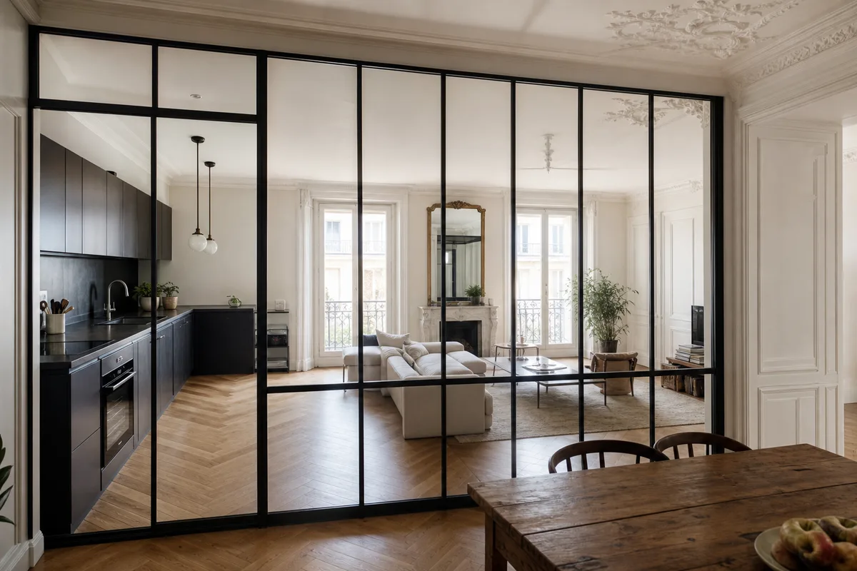 Verrière d'atelier en acier noir séparant une cuisine d'un séjour dans un appartement parisien, montants verticaux et vitrage feuilleté