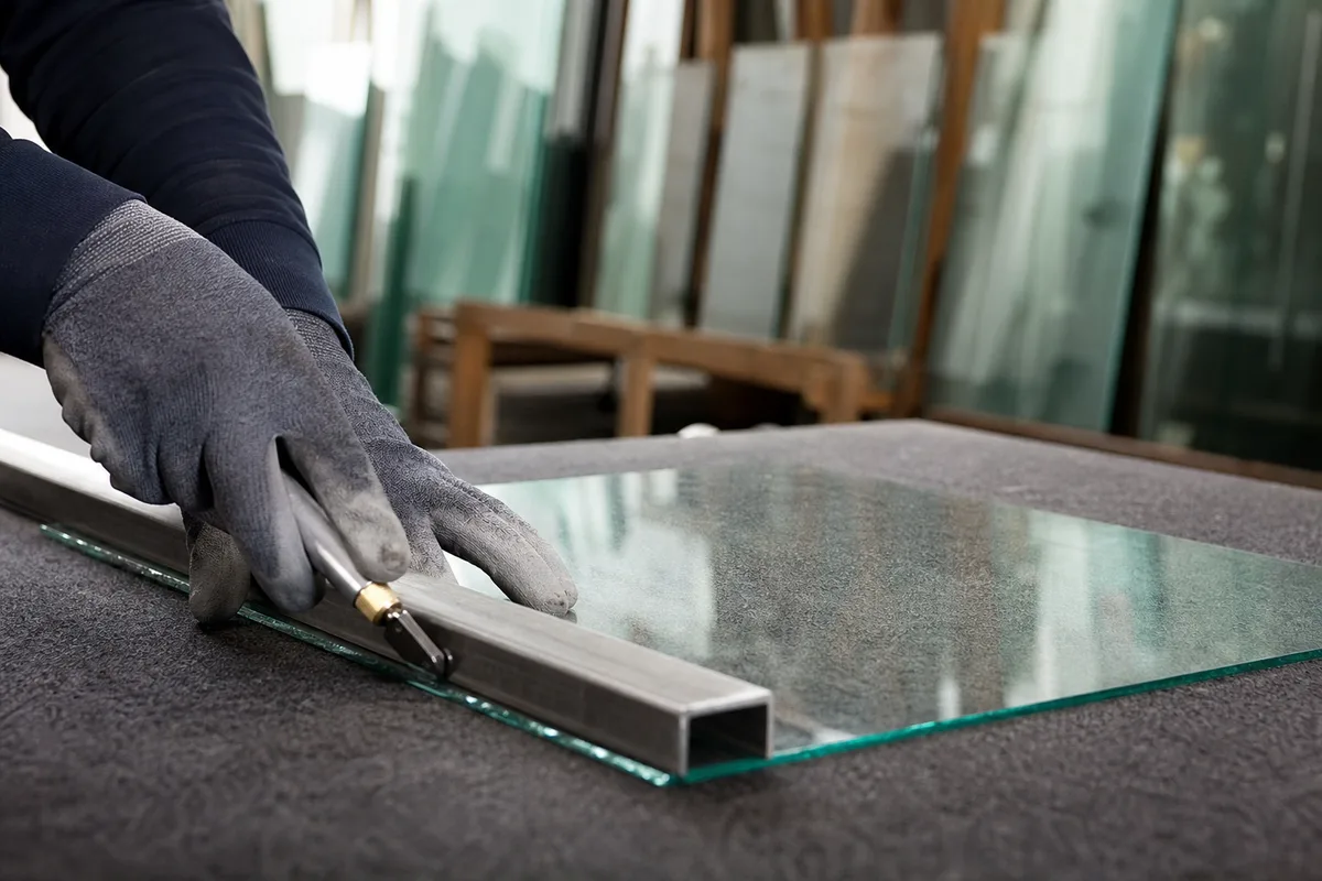 Feuille de verre clair posée sur un banc d&rsquo;atelier de miroiterie avant découpe à la cote