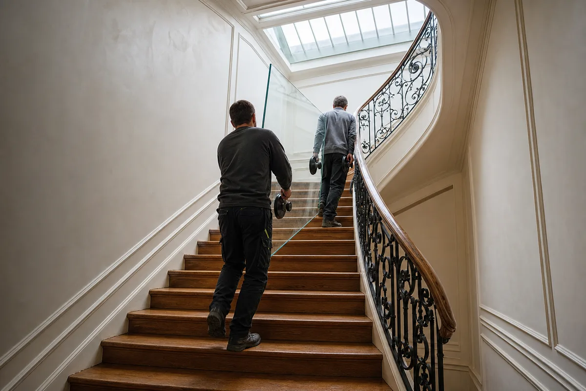 Vitrage sur mesure manipulé à la ventouse dans un escalier lumineux d&rsquo;immeuble parisien
