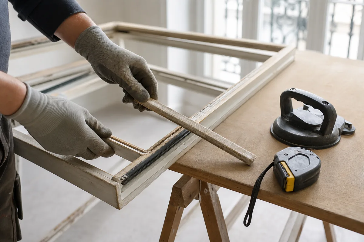 Mains gantées retirant la parclose d’une fenêtre bois pour remplacer une vitre cassée