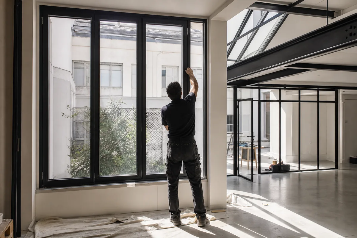 Grand châssis aluminium noir posé dans un loft parisien, lumière zénithale traversante